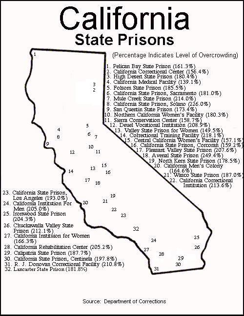 MAP OF CALIFORNIA STATE PRISON SYSTEM WITH STATISTICS FROM DEPARTMENT OF CORRECTIONS CONCERNING OVERCROWDING
